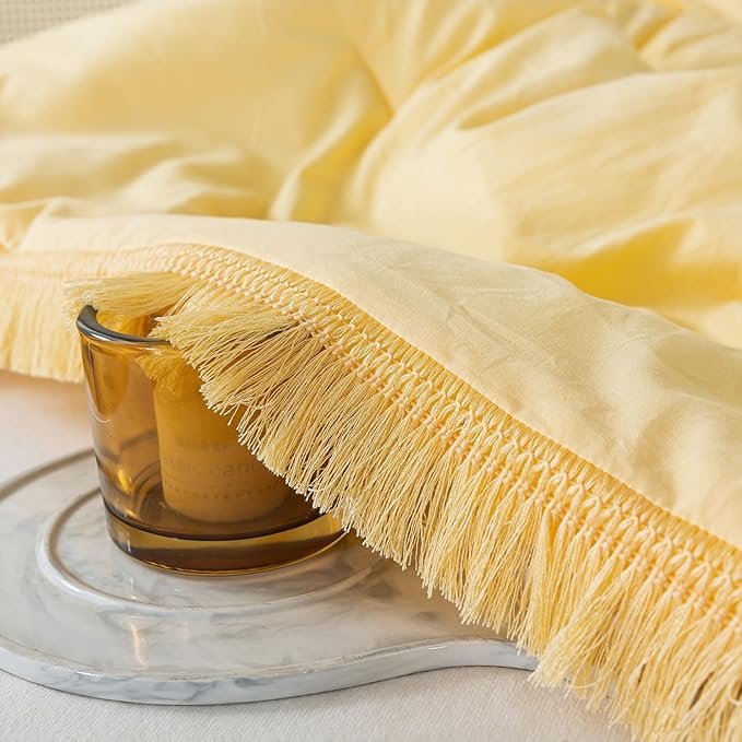 Andency Yellow Tassel Comforter Set Twin(68x90Inch), 2 Pieces(1 boho Comforter, 1 Pillowcase) Farmhouse Shabby Chic Comforter Set, Soft Microfiber Lightweight Fringe Bedding Comforter Set