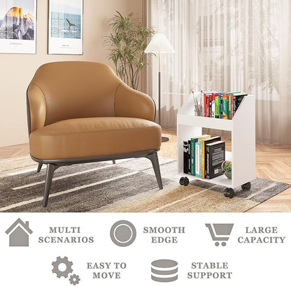2-Tier Mobile Bookshelf, White Bookcase with Wheels, Rolling File Holder Desk File Book Organizer for Home Office Living Room School