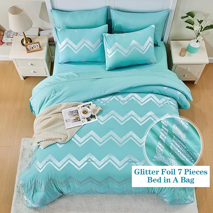 Wowelife Teal Comforter Set Queen7 Pieces Blue Glitter Metallic Bedding Set Full Teal Kids Comforter Set Breathable with Comforter, Flat Sheet, Fitted Sheet, 2 Pillow Shams and 2 Pillowcases