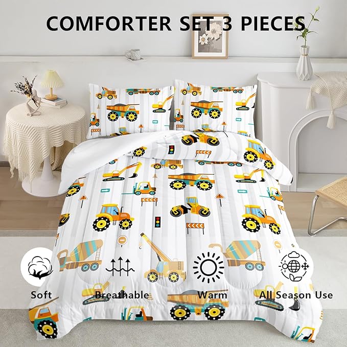 Axolotl Yellow Excavator Comforter Set Twin Size,Cartoon Excavator Bedding Set,Kids Machinery Truck Comforte Set,White Stripe Bedding Vehicle Car Decor for Kids Boys Teens,1 Quilt 2 Pillowcases