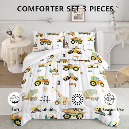 Axolotl Yellow Excavator Comforter Set Twin Size,Cartoon Excavator Bedding Set,Kids Machinery Truck Comforte Set,White Stripe Bedding Vehicle Car Decor for Kids Boys Teens,1 Quilt 2 Pillowcases