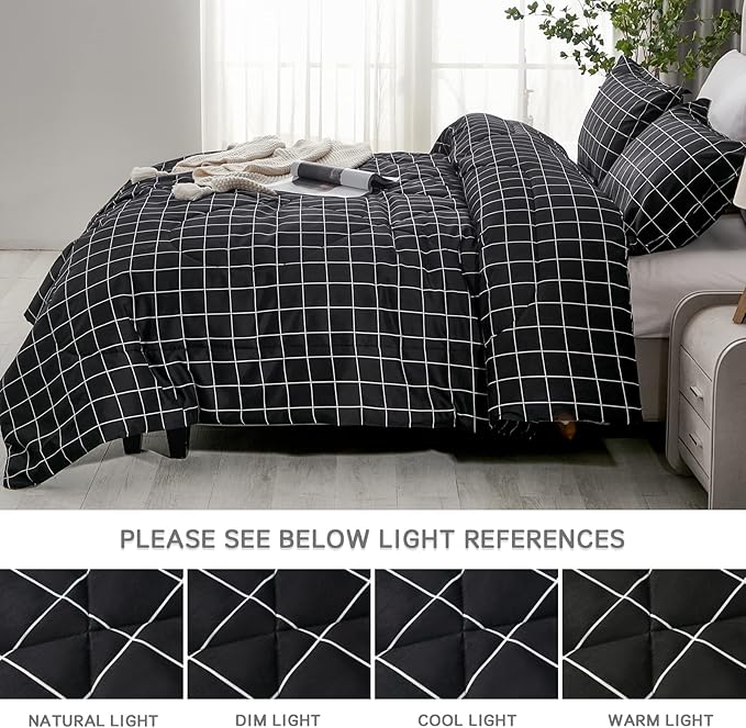 Andency Black Grid Comforter Set King Size (104x90 Inch), 3 Pieces(1 Grid Comforter and 2 Pillowcases), Summer Lightweight Microfiber Down Alternative Black Comforter with White Lines