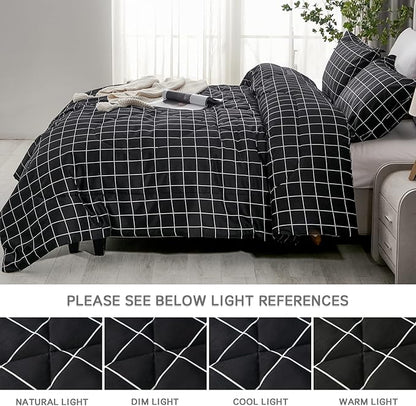 Andency Black Grid Comforter Set Full Size (79x90 Inch), 3 Pieces(1 Grid Comforter and 2 Pillowcases), Summer Lightweight Microfiber Down Alternative Black Comforter with White Lines