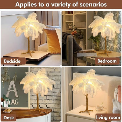 White Bedside Lamp Ostrich Feather Desk Lamp Gold Resin Ostrich Feather Table Lamp, Girls Gift Romantic Wedding Decoration Palm Tree Lamps G4*3