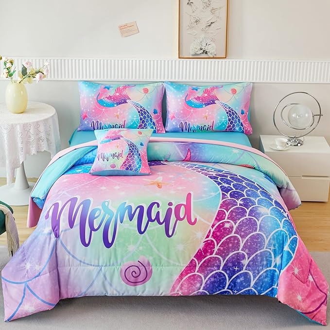 RYNGHIPY Mermaid Twin Girls Bedding Set, Colorful Rainbow Kids Girls Comforter Set with Sheets Soft and Lightweight, 6 Pieces Teen Girls Bed in a Bag