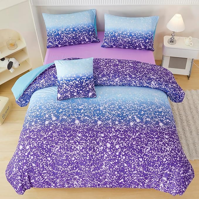 PERFEMET Blue Purple Girls Twin Comforter Set with Sheets, 6Pcs Glitter Tie Dye Rainbow Kids Girls Bedding Sets, Sparkle Gradient Ombre Bed in A Bag for Bedroom Decor