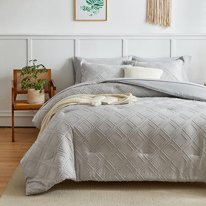 7 Pieces Tufted Bed in a Bag King Comforter Set with Sheets Light Grey, Soft and Embroidery Shabby Chic Boho Bohemian, Solid Color with Diamond Pattern, Jacquard Tufts Bedding Set for All Season