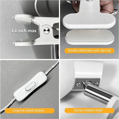 LED Clip on lamp,5W Super Bright Reading Light, 330° Rotation Small Lamp with Clamp on Desk/Table/Bed Headboard/Cupboard Home Lighting, Modern and Save Space Illumination Powerful Lamp White