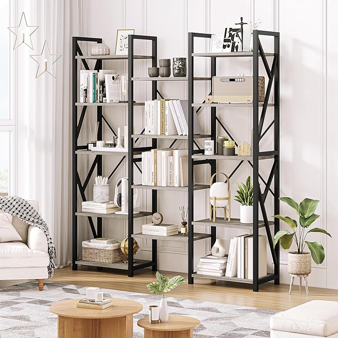 GAOMON Triple Wide 5 Tier Book Shelf, 70.8” Tall Bookcase with 14 Open Shelves, Large Industrial Bookshelves and Bookcases with Metal Frame for Home Office, Study Room, Living Room-Grey
