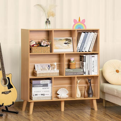 LEYAOYAO Wooden 8 Cube Book Shelf, Natural 3 Tier Bookshelf with Legs, Modern Open Storage Organizer,Boho Bookcase,Display Cabinet Shelf Free Standing Bookshelves for Bedroom,Living Room,Office