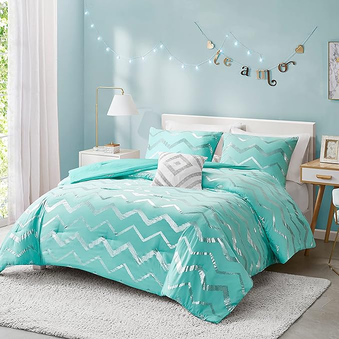 Codi Metallic Teal and Silver Comforter Set, Full/Queen Size, Cute Aqua Turquoise Bedding Sets, 4 Piece (2 Matching Sham + 1 Decorative Pillow)