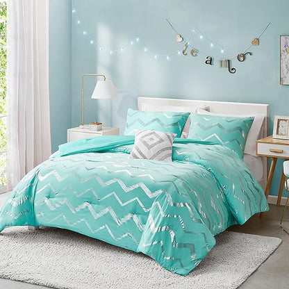 Codi Metallic Teal and Silver Comforter Set, Full/Queen Size, Cute Aqua Turquoise Bedding Sets, 4 Piece (2 Matching Sham + 1 Decorative Pillow)