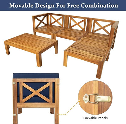 5-Piece Outdoor Patio Furniture Sectional Sets, Wooden L-shaped Corner Sofa Seating with Tea Table and Removable, Backyard Gardern Deck, Natural Finish+ Blue Cushions