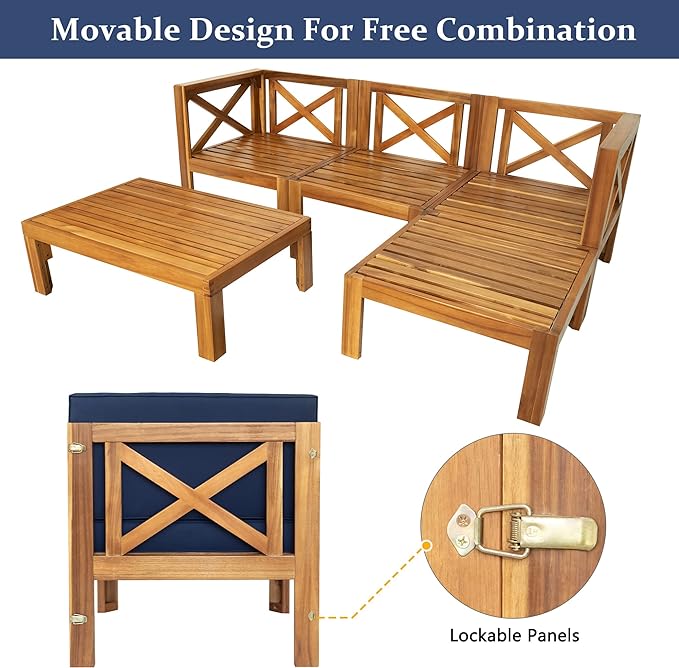 Merax 5 Pieces, Patio Furniture Sets, Solid Wood Sectional Sofa Seating Group with Soft Cushions, for Backyard and Garden, Blue