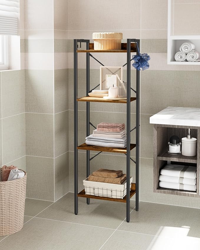 Bookshelf, Book Shelf, Industrial Bookcase with 2 Hooks, Coner Shelf Storage Organizer for Home Office, Living Room, Bedroom, Kitchen, 4-Tier Rustic Brown BC10401B