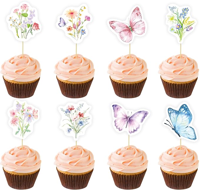40 Pcs Wildflower & Butterflies Cupcake Toppers - 8 Styles, 5 Pcs Each - Non-Edible Cake Toppers for Wedding, Birthday, Party Decorations