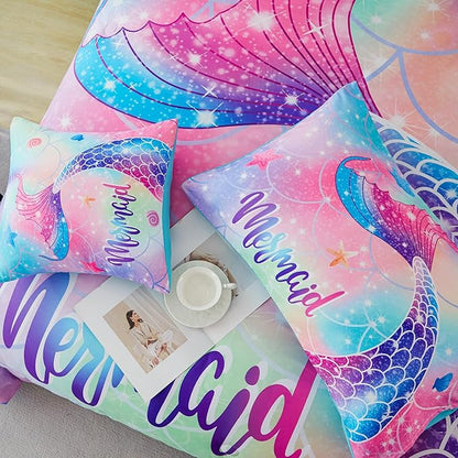 RYNGHIPY Mermaid Twin Girls Bedding Set, Colorful Rainbow Kids Girls Comforter Set with Sheets Soft and Lightweight, 6 Pieces Teen Girls Bed in a Bag