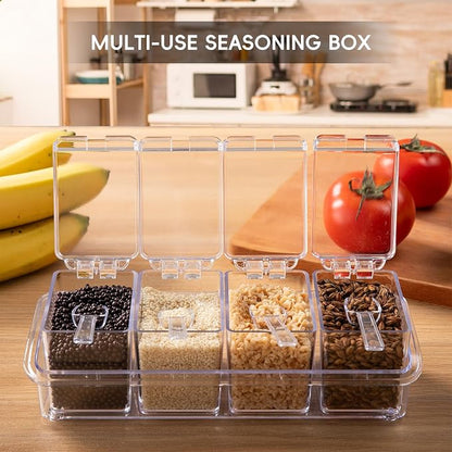 Clear Seasoning Box, 4 Pieces Seasoning Rack Spice Pots, Storage Container Condiment Jars Acrylic Seasoning Box with Covers and Spoons for Spice, Sugar, Salt, Sugar, Cardamon, Cinnamon