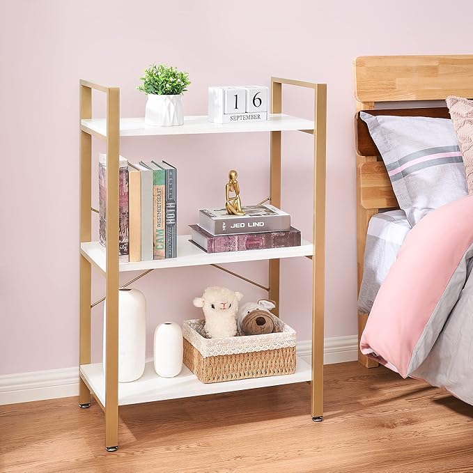 BEWISHOME 3 Tier Bookshelf, Modern Small Book Shelf for Small Spaces, White Gold Wooden Shelves for Bedroom Living Room and Home Office, 13.78" D x 24.12" W x 37.09" H, JCJ42M