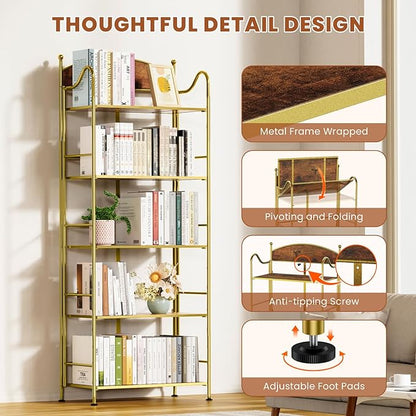 Folding Bookshelf No Assembly, 5 Shelf Gold Folding Bookcase, Industrial Tall Metal Collapsible Corner Book Shelf with Storage Shelves for Bedroom, Living Room, Home Office Organization