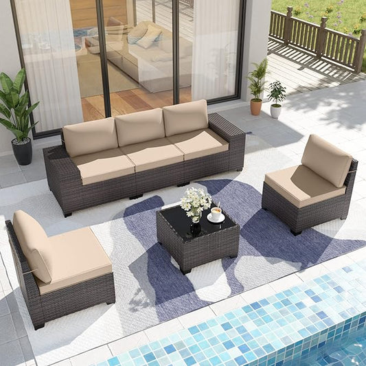 Patio Furniture Set Sofa 6-Piece Wicker Sectional Sofa Set, Outdoor Furniture Rattan Patio Sofa Conversation Set with Thickened Cushions and Glass Coffee Table, Sand