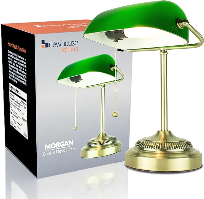 Newhouse Lighting NHDK-MO-GOAZ Morgan Antique Green and Brass Glass and Metal Adjustable Classic Banker Lamp | Compatible with Energy-Efficient LED Bulb