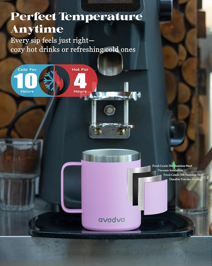 12oz Insulated Coffee Mug with Lid – Includes Two Lids, Stainless Steel Coffee Travel Mug with Handle, Double Wall Vacuum Insulated Camping Mug for Home, Office & Outdoor, Rose Gold