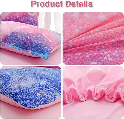 A Nice Night Galaxy Bedding Sets Outer Space Comforter 3D Printed Space Quilt Set Twin 6Pcs Glitter Pink,for Children Boy Girl Teen Kids