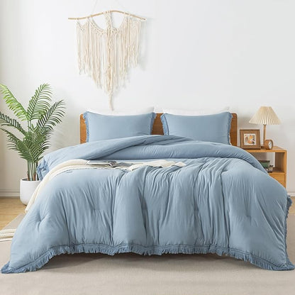Andency Grayish Blue Comforter Set Queen Size, 3 Pieces Boho Tassel Lightweight Bedding Comforter Sets, All Season Soft Fluffy Fringe Bed Set (90x90In Comforter & 2 Pillowcases)