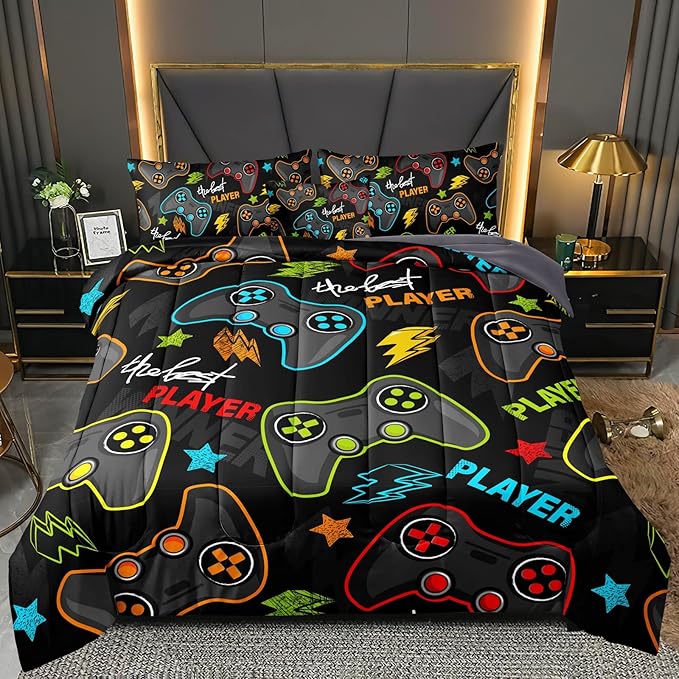 6 Pieces Gamer Comforter Set for Boys Gaming Bedding Set Queen Size,Video Game Controller Comforter for Boys Kids Adult 3D Gamepad Microfiber Bedding Sets 6 Pieces Bed in A Bag Sets3011,Queen