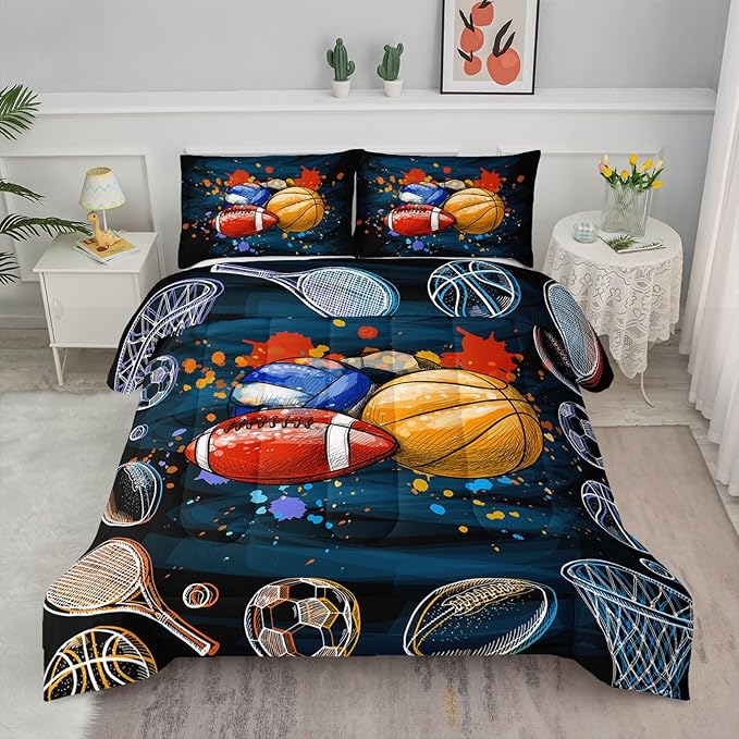 Axolotl Ball Game Bedding Set Full,Basketball Comforter Set Sports Bedding,Volleyball Comforter Set Soccer Bedding,Football Comforter Colorful Grunge Style for Kids Boys Teens,1 Quilt 2 Pillowcases