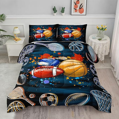 Axolotl Ball Game Bedding Set Full,Basketball Comforter Set Sports Bedding,Volleyball Comforter Set Soccer Bedding,Football Comforter Colorful Grunge Style for Kids Boys Teens,1 Quilt 2 Pillowcases