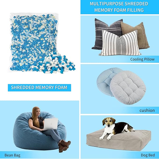 5 LBS Shredded Memory Foam Filling, Bean Bag Filler, Added Gel Particles Comfortable and Soft,Very Suitable for Filling Bean Bags, Pillows,Dog beds, Couch Cushion