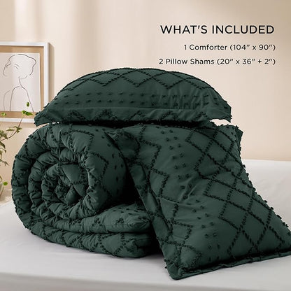 Bedsure King Size Comforter Set - Dark Emerald Green Comforter, Forest Green Boho Tufted Shabby Chic Bedding Comforter Set, 3 Pieces Vintage Farmhouse Bed Set with 2 Pillow Shams for All Seasons