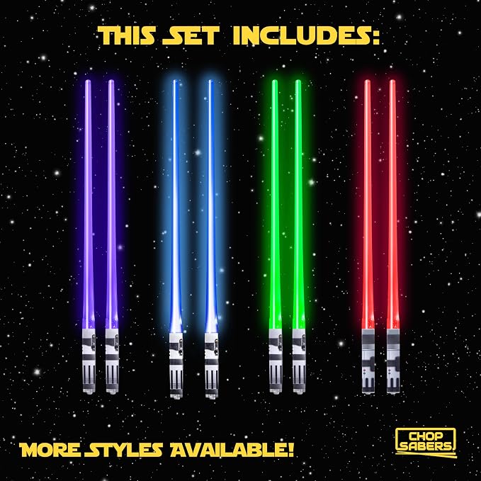 Lightsaber Chopsticks Star Wars Light Up - LED Glowing Light Saber Chop Sticks - Reusable Sushi Lightup Sabers Chopstick Set Of 4 Pairs - Blue & Red & Green & Purple