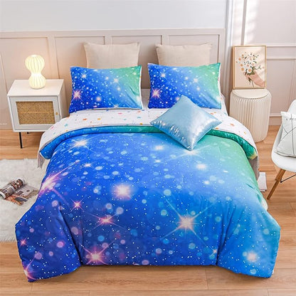 A Nice Night 6Pcs Gradient Glitter Bedding Set for Girls, Colorful Rainbow Galaxy Comforter Set, Ultra Soft Bedding Sets (Blue-Green,Queen 6Pcs)