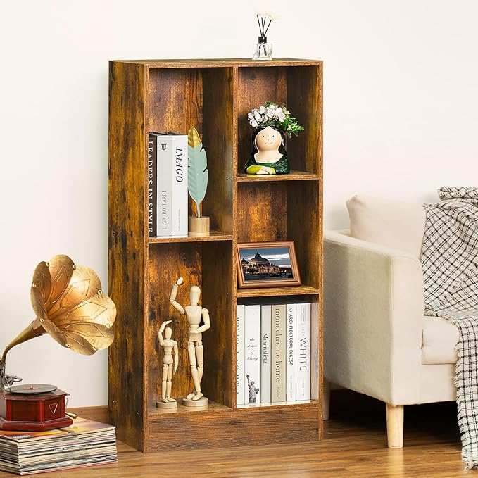 LEYAOYAO 5 Cube Mid-Century Modern Brown Wood Bookcase, 3 Tier Storage Organizer Shelf, Rustic Display Cabinet for Bedroom, Living Room, Office