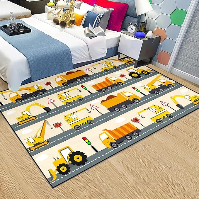 Construction Rug Car Rug Construction Rugs for Boys Room Cartoon Truck Area Rug Construction Play Mat Car Rug for Boys Room Construction Decor for Boys Room 5'×7'