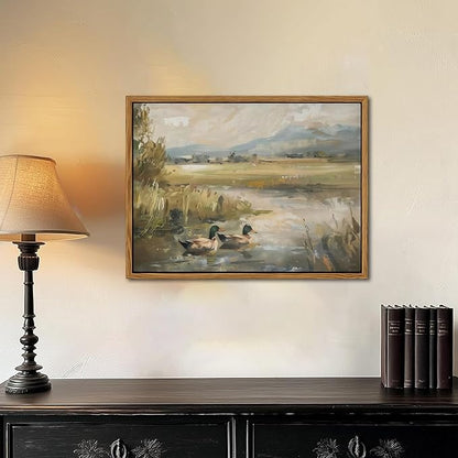 Floating Framed Canvas Wall Art, Vintage Mallard Duck Oil Paintings Print, Countryside Art Wildlife Nature Pond Wall Decor for Living Room, Bedroom, Office, Rustic Decor 16x24 inch