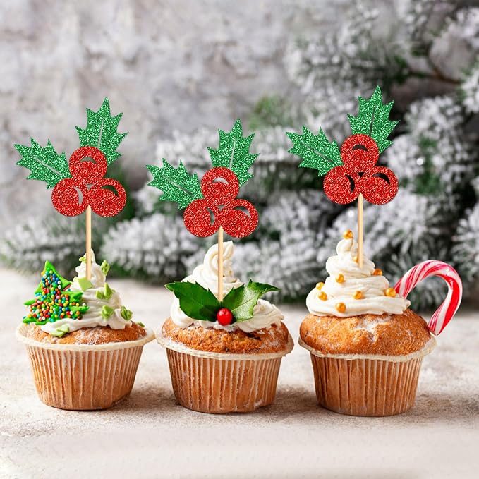 24 Pack Christmas Holly Leaves Cupcake Toppers Picks Christmas Eve Party Cake Baby Shower Birthday Party Cake Decoration Supplies