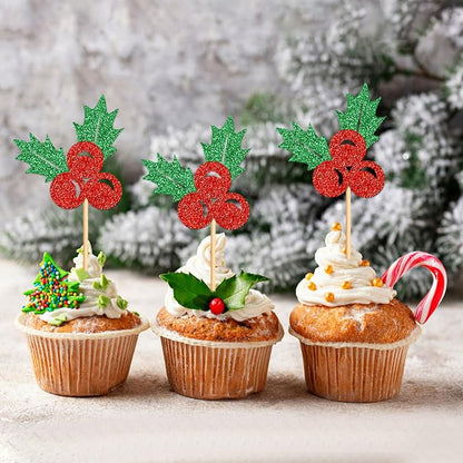 24 Pack Christmas Holly Leaves Cupcake Toppers Picks Christmas Eve Party Cake Baby Shower Birthday Party Cake Decoration Supplies