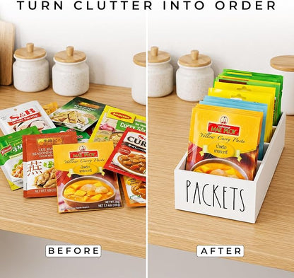 Seasoning Organizer, Pantry Storage Bins for Food Mixes, Spices, Gravy, Taco, and Dressing Packets - Modern Farmhouse Kitchen Organization (White)