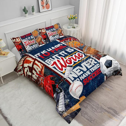 Axolotl Sports Comforter Set Full Size,Sports Theme Comforter Set Football Baseball Bedding Set,Sports Bedding Set 3D Soccer Comforter Set Basketball Bedding for Kids Boys Teens,1 Quilt 2 Pillowcases