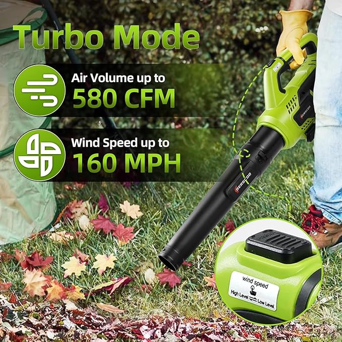 Leaf Blower Cordless, 580CFM/160MPH Electric Leaf Blower with 8.0Ah Battery, Blower with Extension Nozzle, Lightweight Leaf Blowers for Lawn Care, Yard, Garage, Patio & Sidewalk