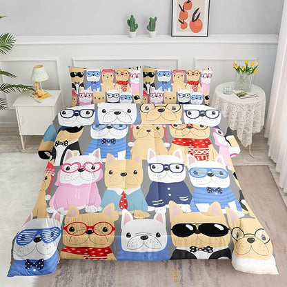 Datura home Dog Comforter Beddding Set for Kids Children,Puppy Pug Cute Dog Pattern Cartoon Career Pet Bedding Set with 1 Comforter and 2 Pillowcases(Dog Twin)