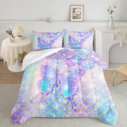 CVHOUSE Butterfly Comforter Set Queen Size,Rainbow Mermaid Butterfliy Bedding Set for Kids Girls,Rainbow Mermaid Butterflies Quilt Set Butterfly Duvet Set Girl's Bedroom Decor 3 Pieces, Eebttaf075