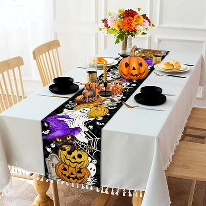 Halloween Table Runner 90 Inches Long Pumpkin Black Cat Halloween Table Runners Happy Halloween Boo Ghost Theme Decor for Kitchen Dining Table Home Party Decorations
