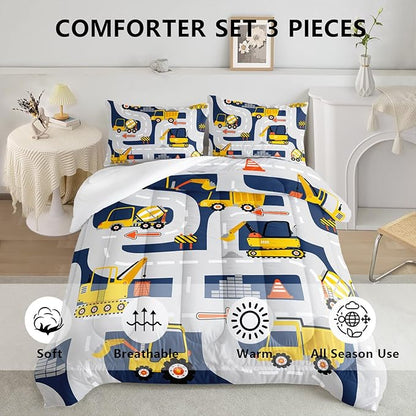 Axolotl Cartoon Excavator Bedding Set Twin,Tractor Truck Bedding Set,Boys Construction Bedding Set,Yellow Vehicles Truck Comforter Construction Site Decor for Kids Boys Teens,1 Quilt 2 Pillowcases