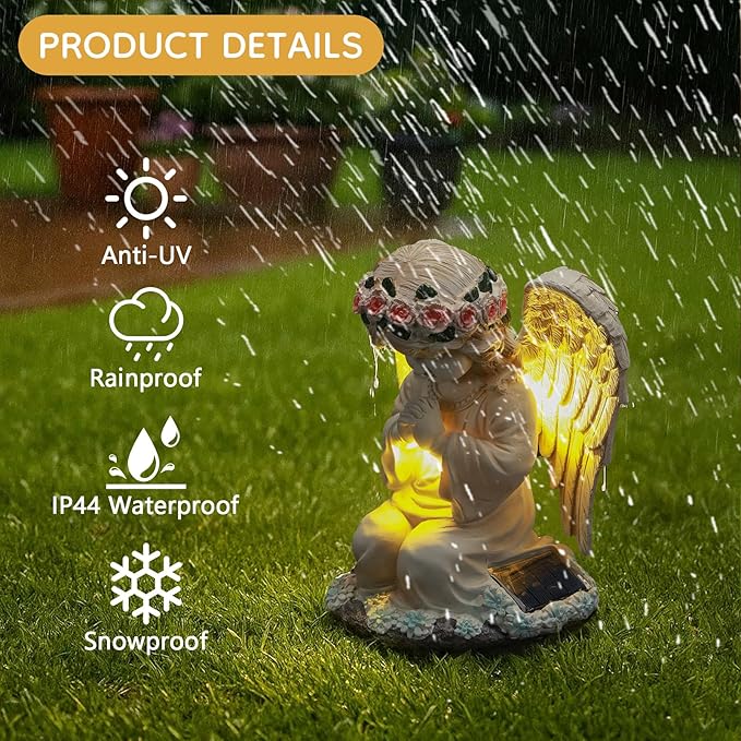 Solar Angel Prayer Statue, Memory Guardian Garden Decor with Warm Light - Religious Outdoor Decor, Auto On/Off LED Light, Memorial Gift for Cemetery, Patio & Gravesite