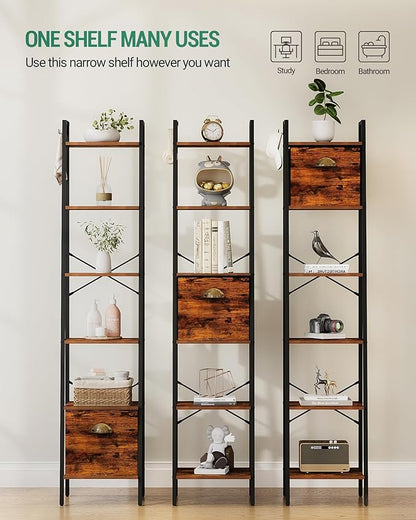 Narrow Bookshelf Bookcase with Drawer, Ladder Shelf with 2 Hooks, Bookshelves Storage Organizer, Freestanding Display Standing for Home Office, Bedroom, 6 Tier Rustic Brown BC19601B